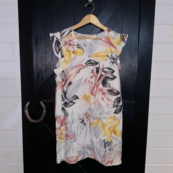 C&C California 100% Linen Floral Tropical Boho Flutter Sleeve Shift Dress Sz L - Picture 1 of 7